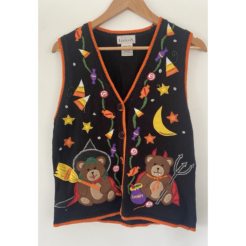 Vintage Novelty Halloween Knit Vest Women's Small Candy Teddy Bears Devil Witch